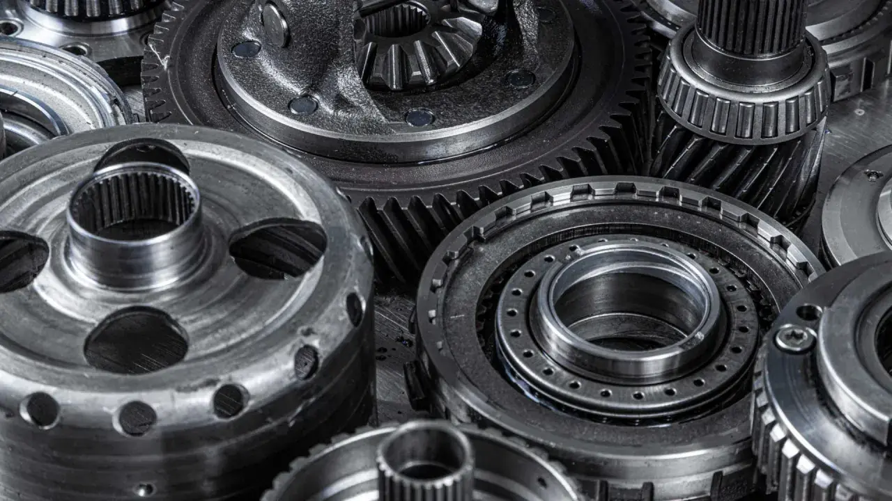 Metalowe części mechaniczne, w tym koła zębate i elementy dyferencjału torsen, tworzą skomplikowaną kompozycję.