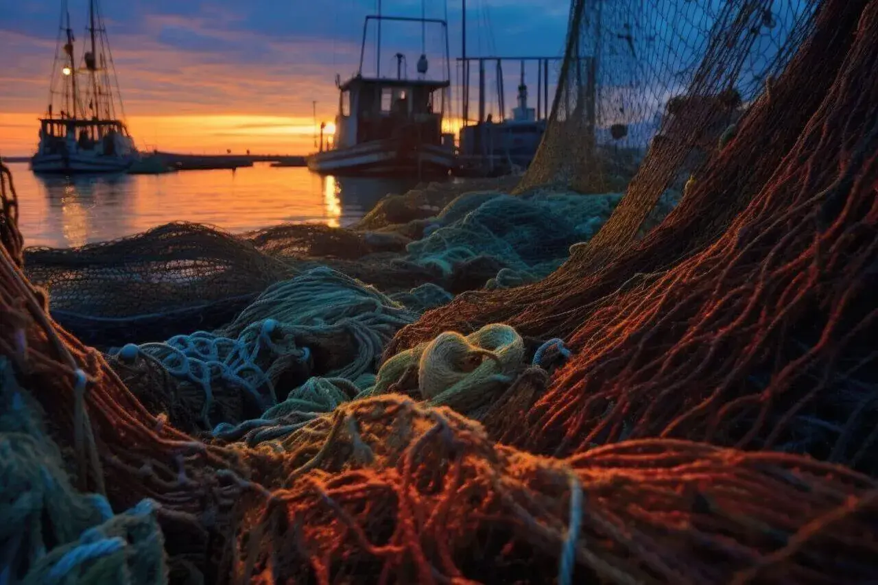 Redes de pesca apiladas al atardecer, listas para la pesca furtiva. Barcos en el puerto reflejan la luz anaranjada.