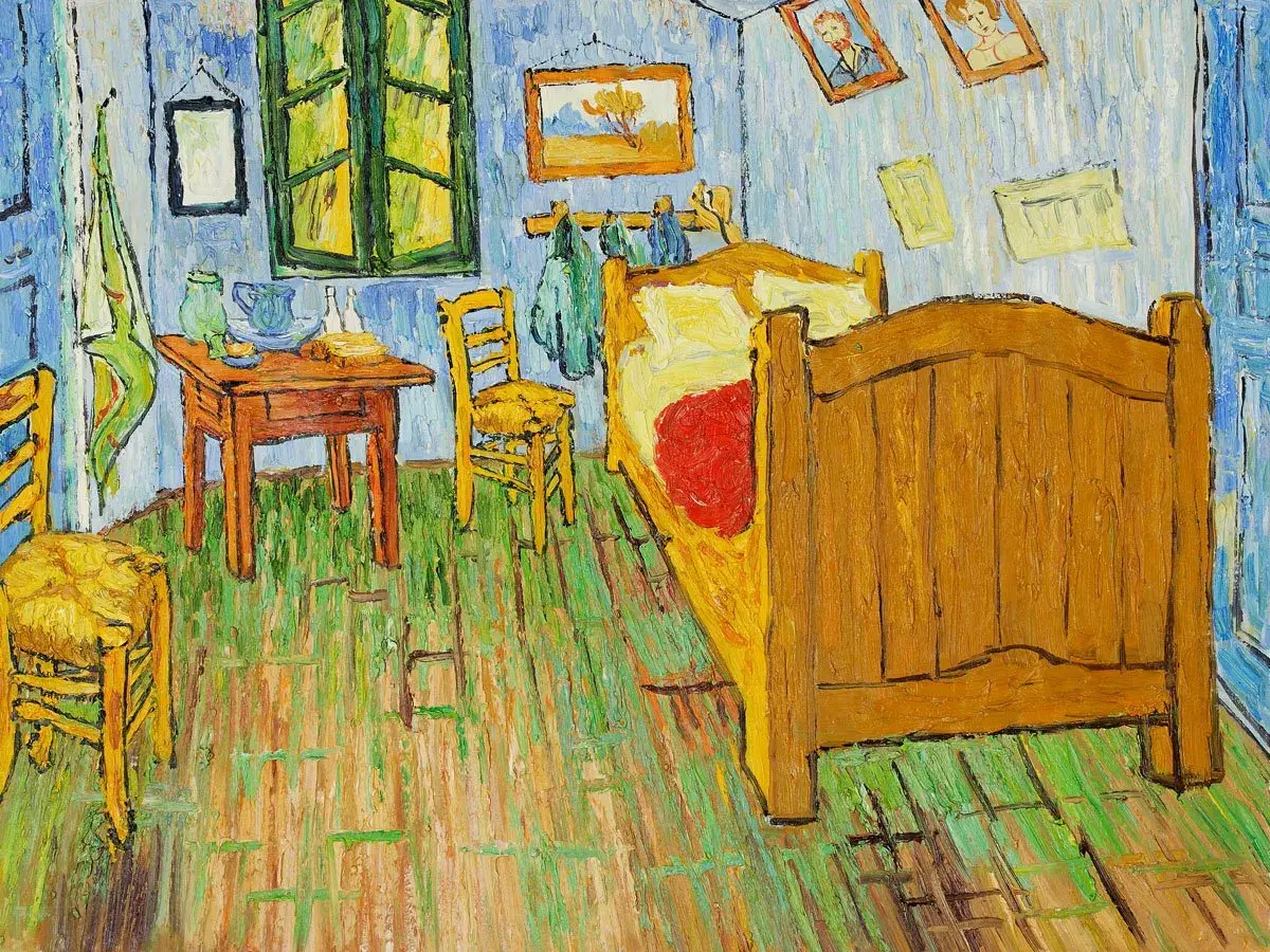 Sypialnia Van Gogha, jeden z jego najsłynniejszych obrazów. Proste meble, jaskrawe kolory, poczucie spokoju.
