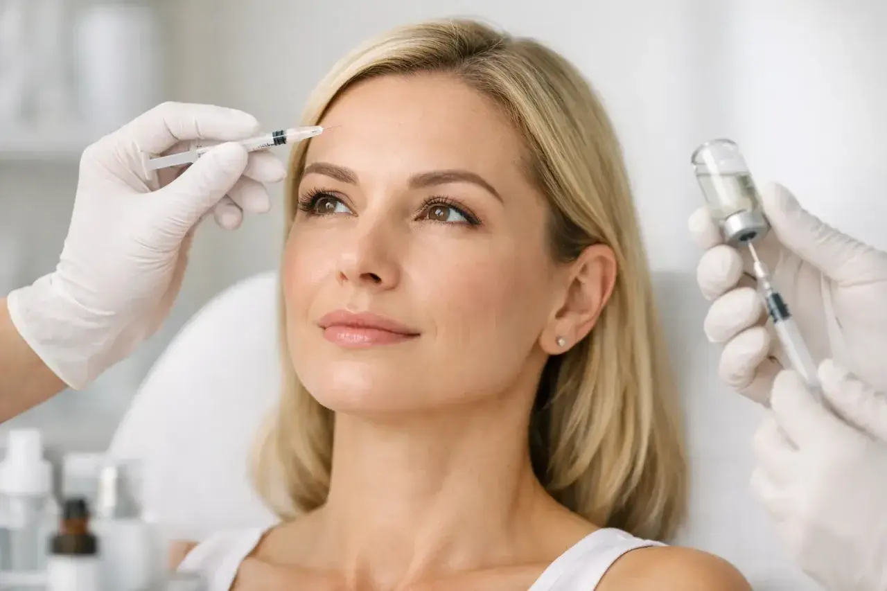 En kvinna får botox eller fillers i pannan. En hand med handske förbereder en injektion.