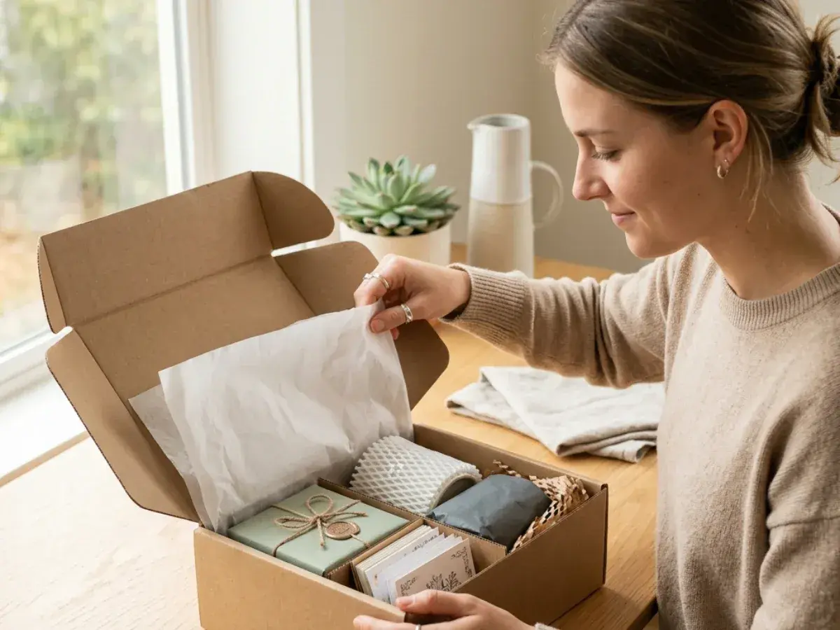 Mujer preparando el empaquetado de productos en una caja de cartón. Se ven varios artículos envueltos y decorados con cuerdas.