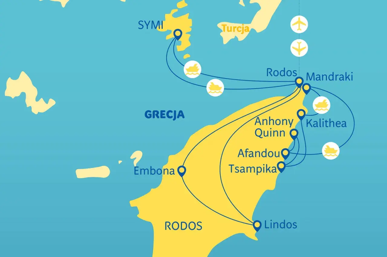 Mapa Grecji z zaznaczonym Rodos, Symi i Turcją. Pokazuje trasy morskie i lotnicze. Rodos czy warto? Zdecydowanie tak!