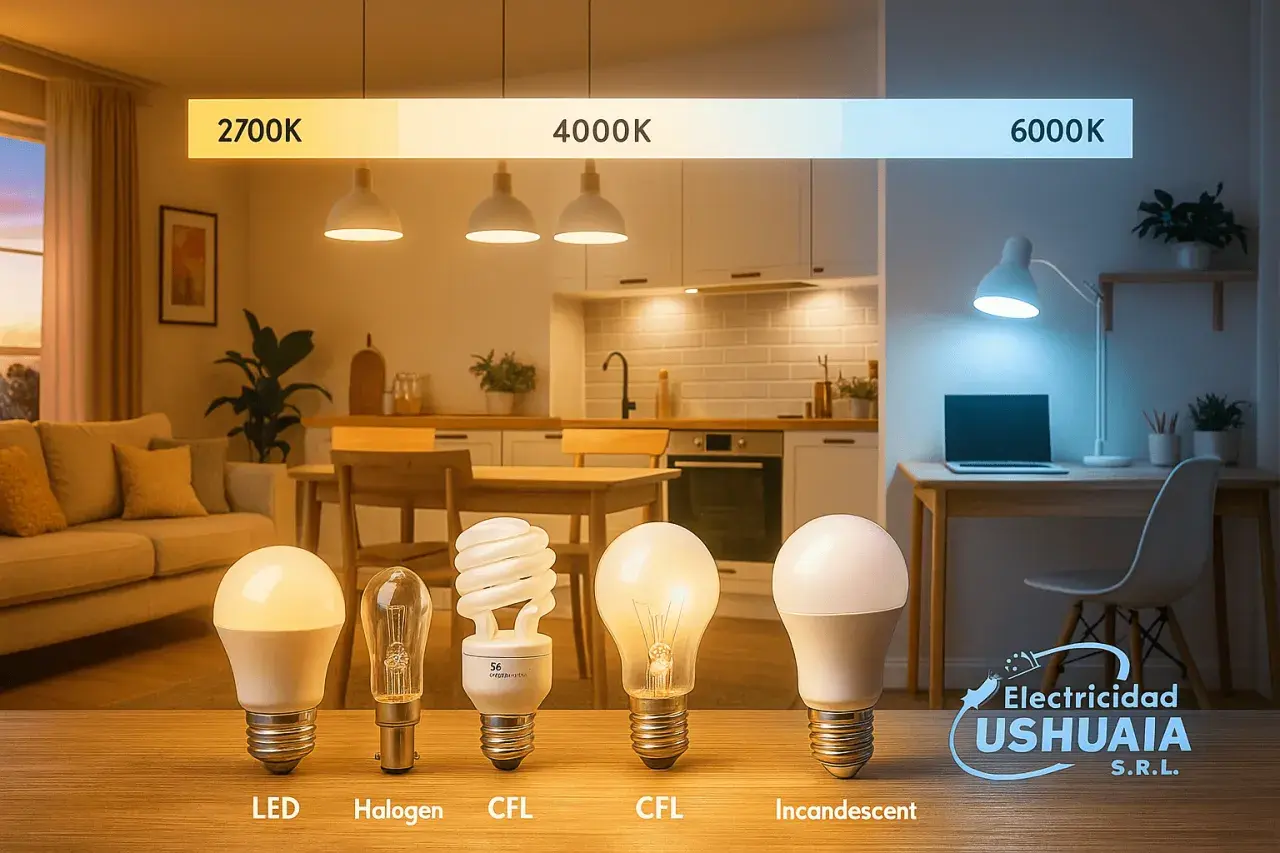 Comparativa de bombillas LED, halógena, CFL e incandescente, mostrando la unidad de flujo luminoso en diferentes temperaturas de color (2700K a 6000K).