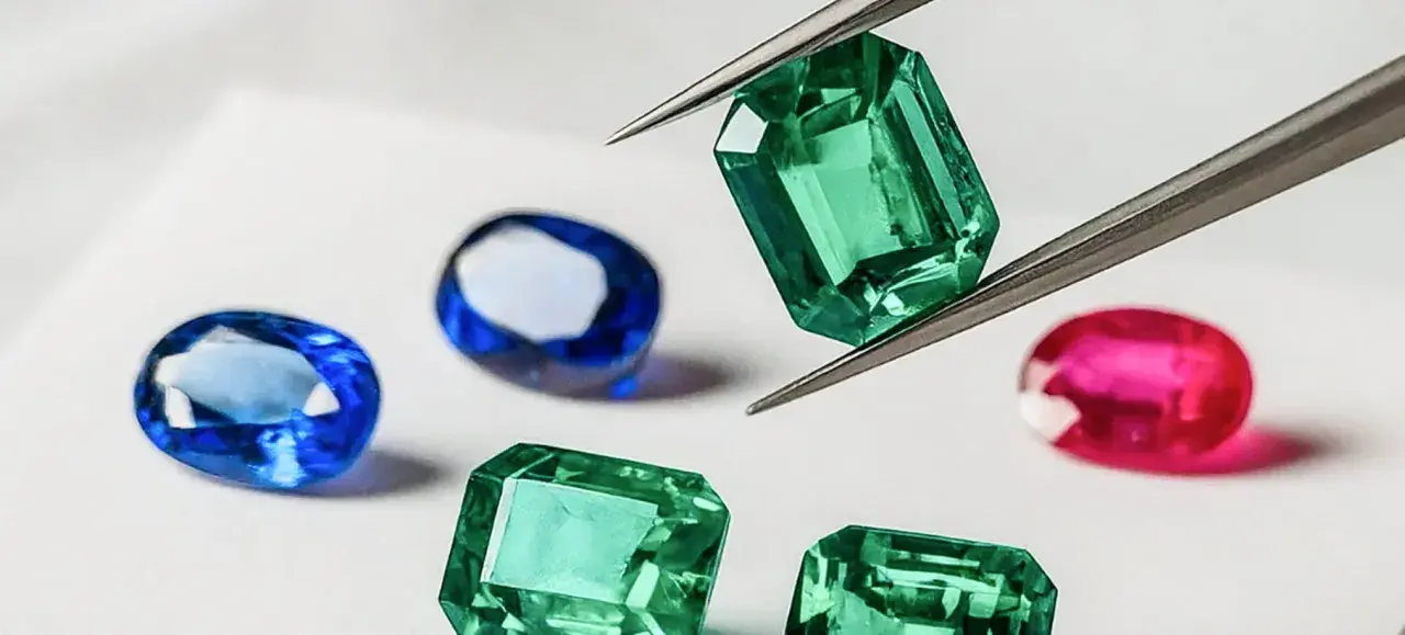 Pinzas sostienen una esmeralda verde brillante, rodeada de zafiros azules y un rubí rosa. Un tesoro de piedras preciosas.