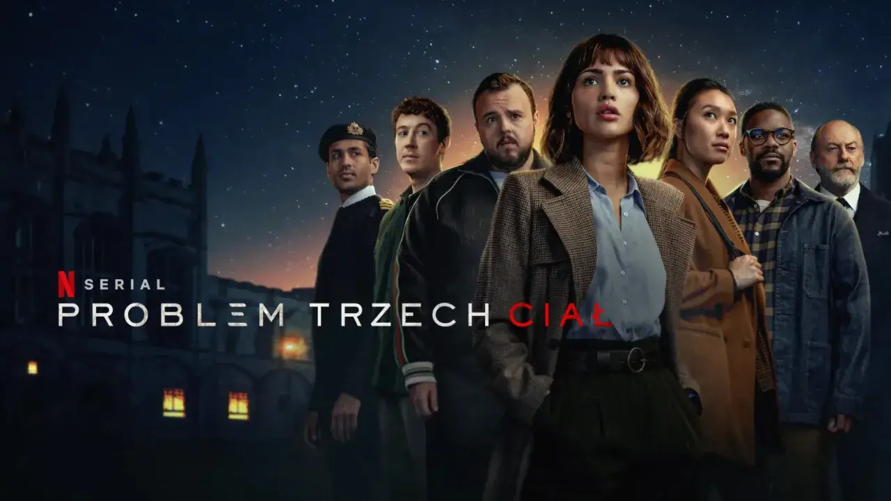 Grupa ludzi na tle nocnego nieba i budynku. Napis "Serial Problem Trzech Ciał" sugeruje tajemnicę.