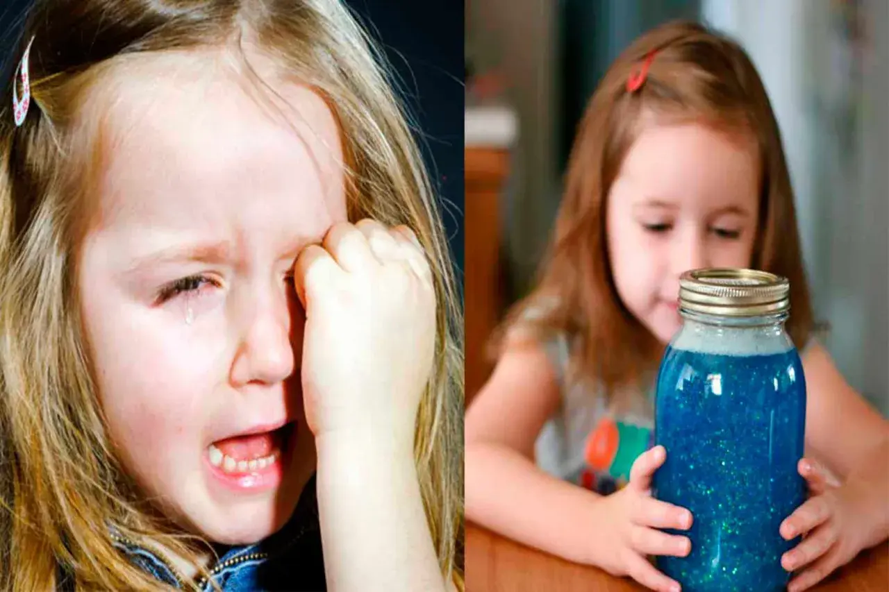Niña llorando a la izquierda, y a la derecha, la misma niña observando un tarro de la calma lleno de líquido azul brillante.