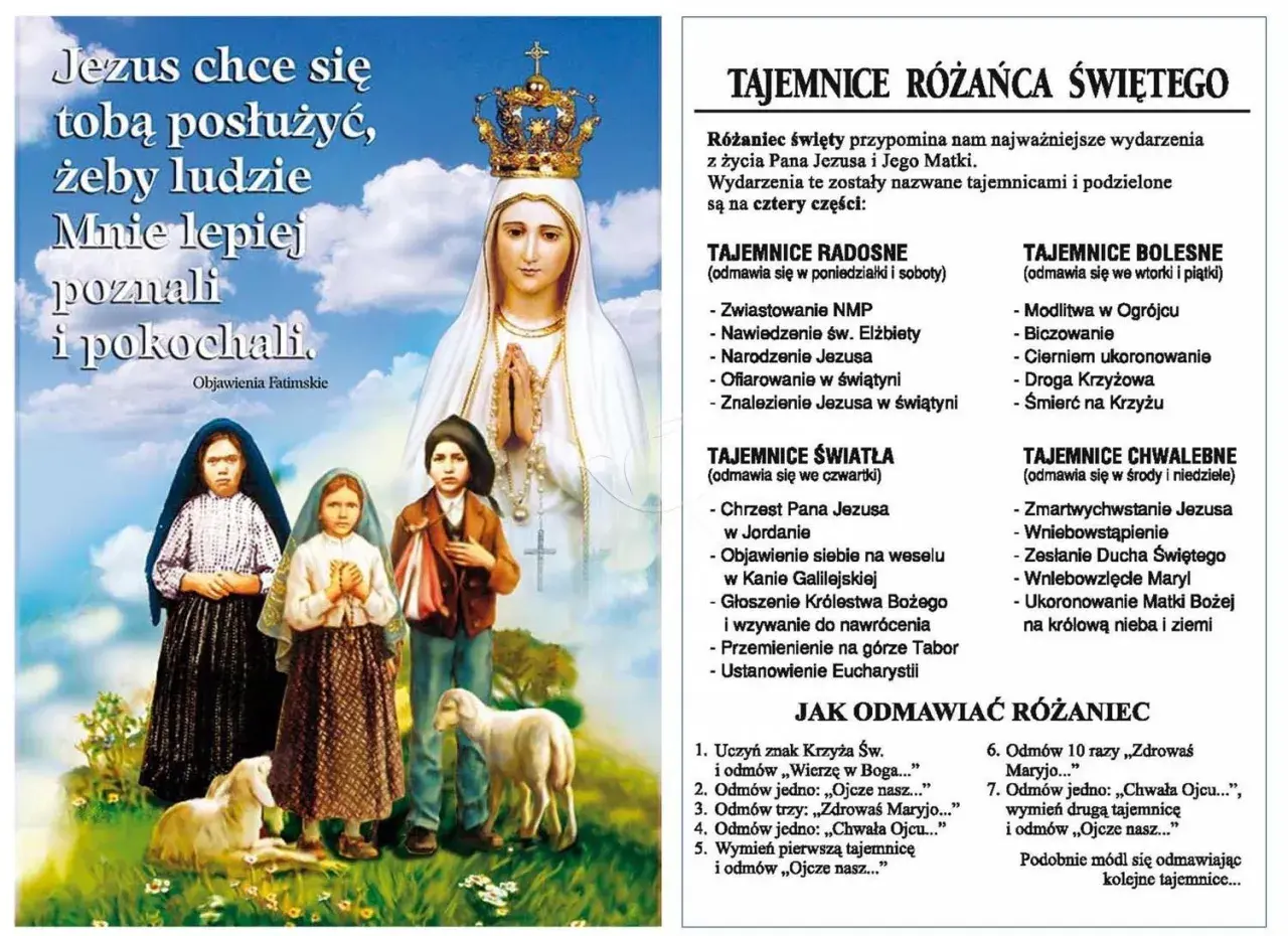 Matka Boża z Fatimy i dzieci, zachęcająca do poznania Jezusa. Wtorek to dzień tajemnic bolesnych różańca.