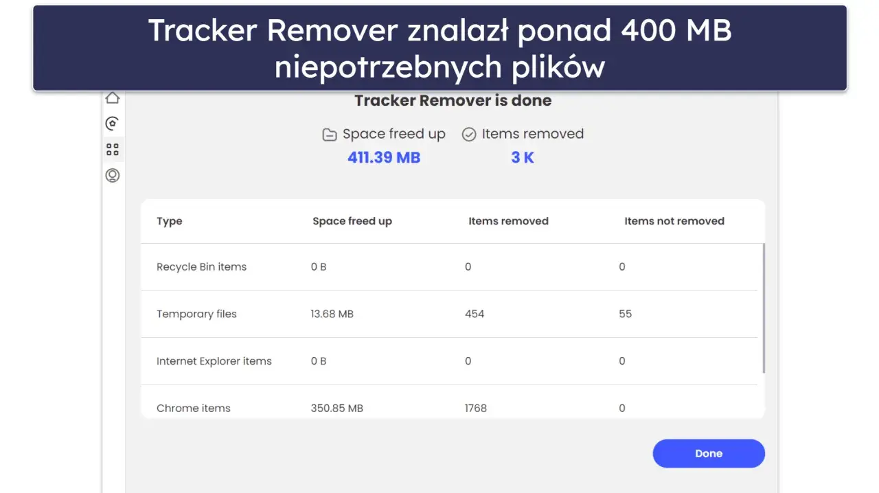 Wynik skanowania Tracker Remover: zwolniono 411 MB, usunięto 3 tys. elementów. Podobnie jak mcafee anti-virus, program dba o czystość systemu.