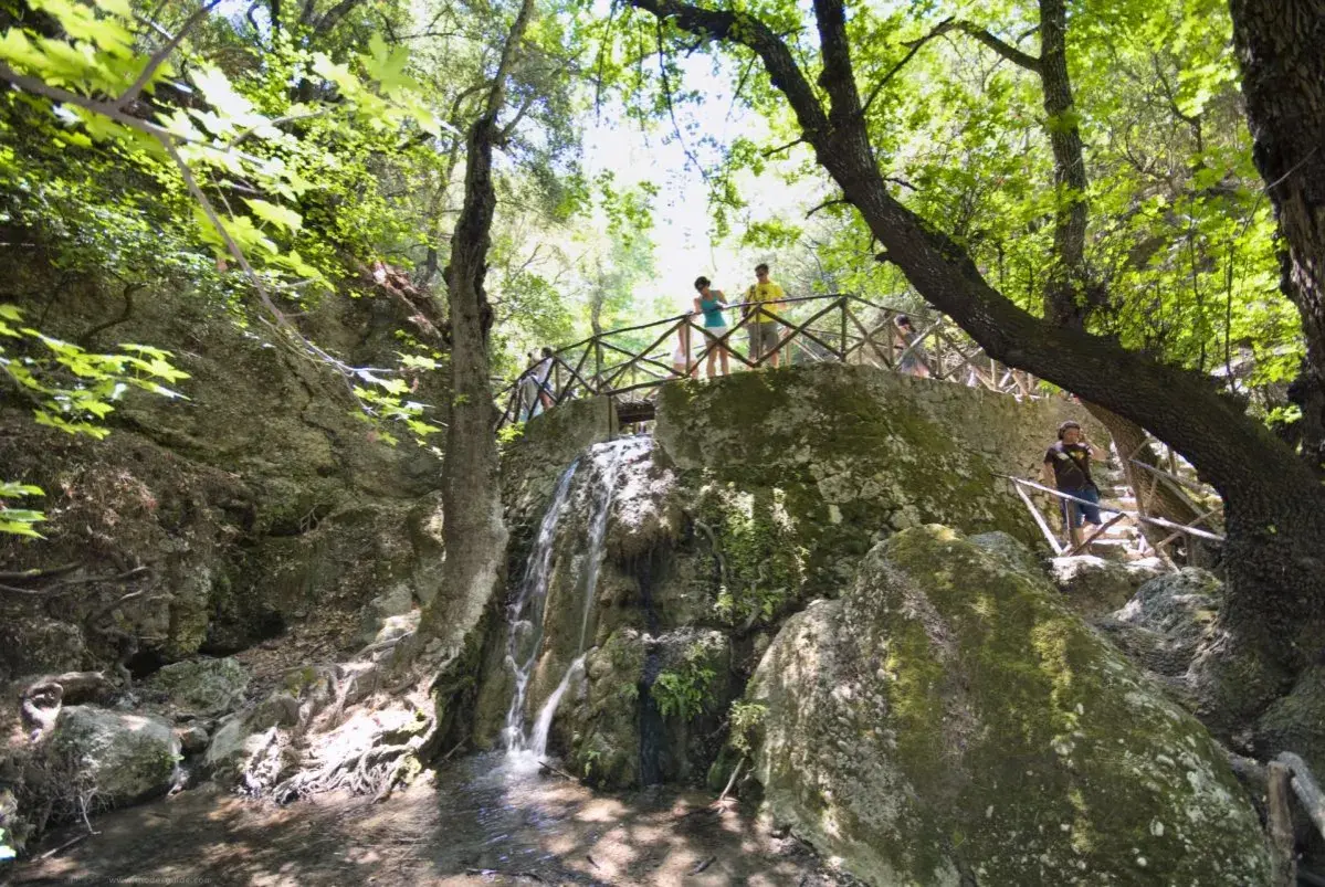 Besucher genießen die malerische Aussicht im Schmetterlingstal auf Rhodos. Ein kleiner Wasserfall plätschert über moosbewachsene Felsen, während ein Holzsteg die Wanderer durch die grüne Landschaft führt.