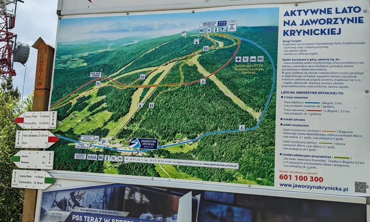 Mapa Jaworzyny Krynickiej z zaznaczonymi szlakami turystycznymi i rowerowymi. Najkrótszy szlak na Jaworzynę Krynicką jest oznaczony jako ścieżka edukacyjno-przyrodnicza.