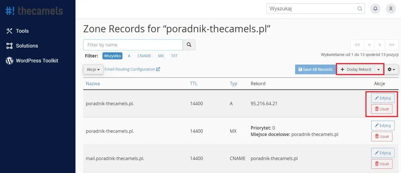 Panel zarządzania rekordami DNS. Widoczne wpisy dla domeny poradnik-thecamels.pl, w tym rekordy A, MX i CNAME. Możliwość edycji i usuwania wpisów.