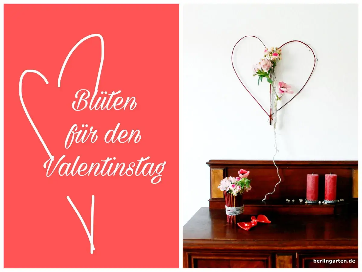 Blumen für den Valentinstag: Ein Herz aus Zweigen mit Blüten hängt über einem Holzmöbel mit Kerzen und Blumen.