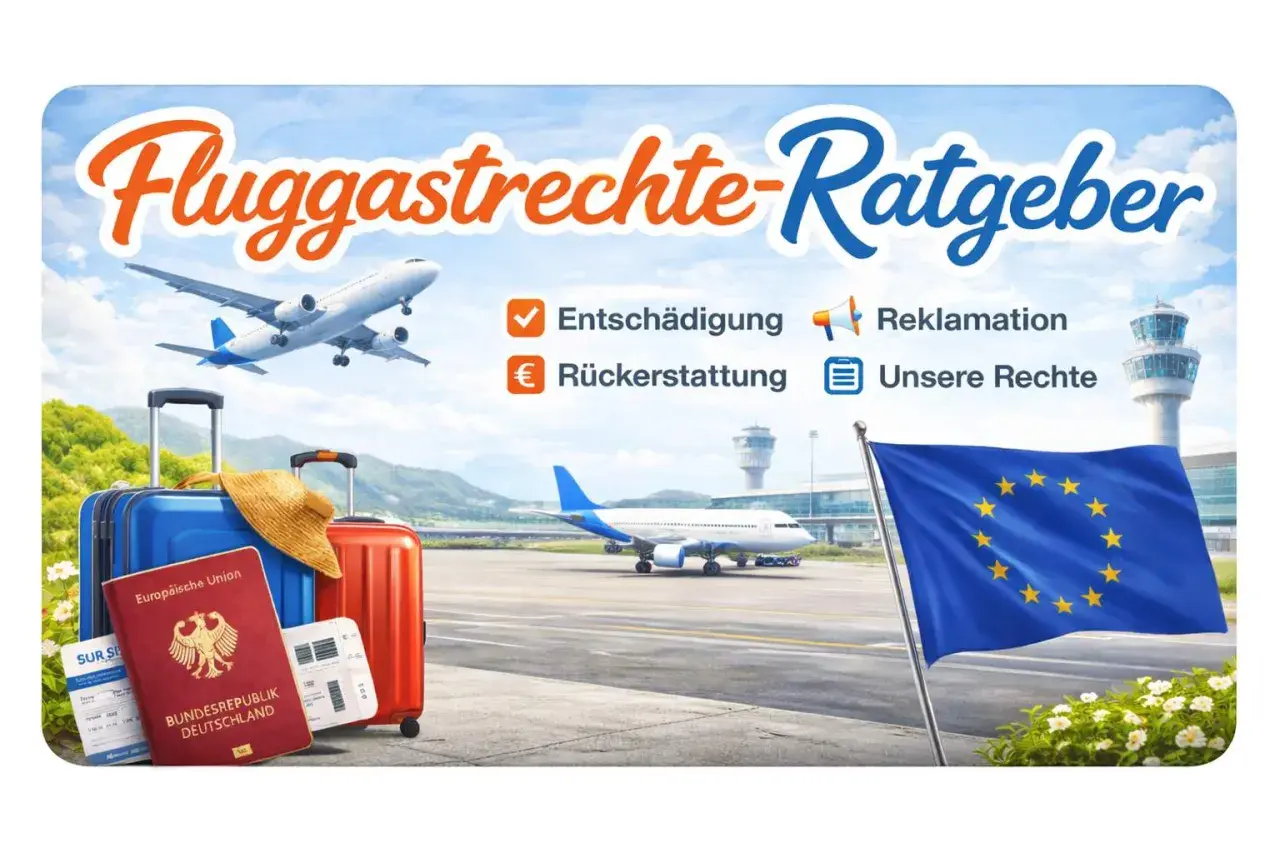 Flug gecancelt? Der Ratgeber zu Fluggastrechten zeigt Koffer, Pass und EU-Flagge. Infos zu Entschädigung, Rückerstattung, Reklamation & unseren Rechten.