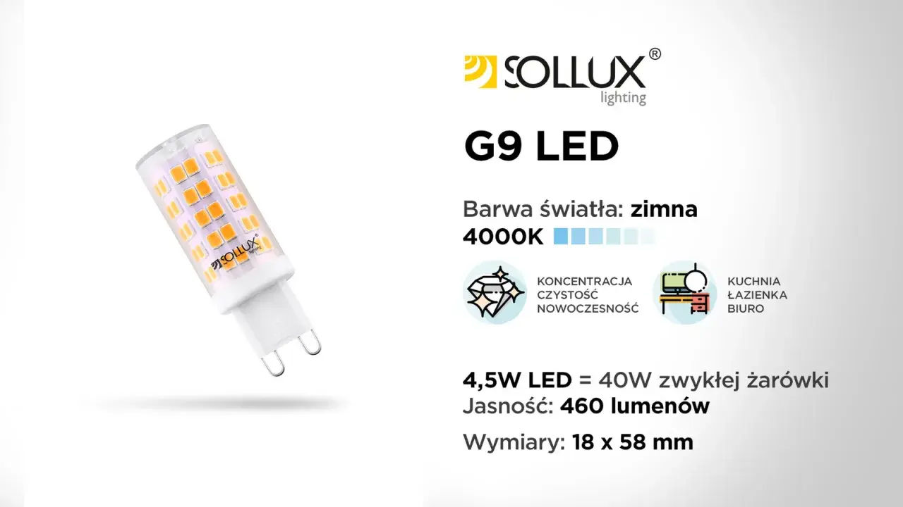 Żarówka LED G9 Sollux, 4.5W, zimna barwa 4000K. Zamiennik 40W żarówki halogenowej, idealna do kuchni, łazienki, biura.