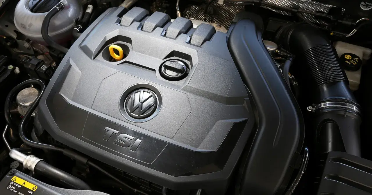 Silnik 1.5 TSI Volkswagena z widocznym logo i oznaczeniem TSI.