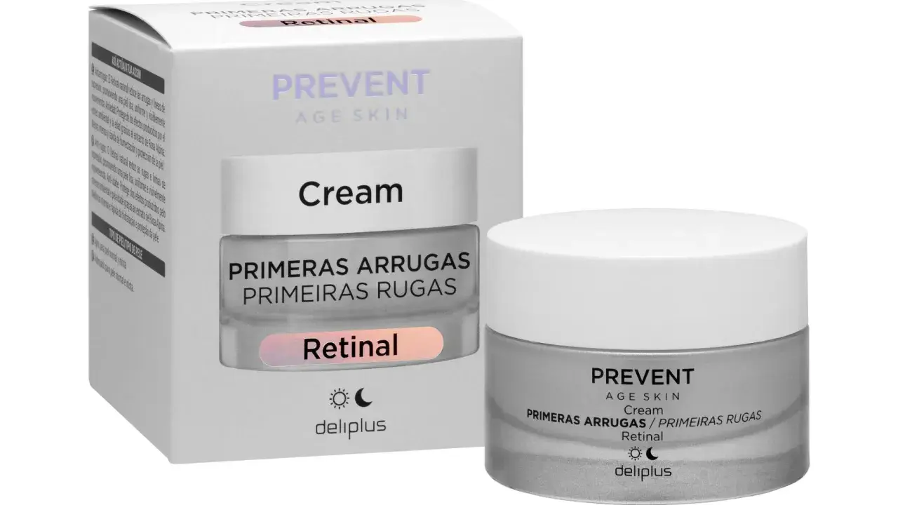 Crema antiarrugas Deliplus Prevent Age Skin con Retinal. Un tarro y su caja, listos para combatir las primeras arrugas.