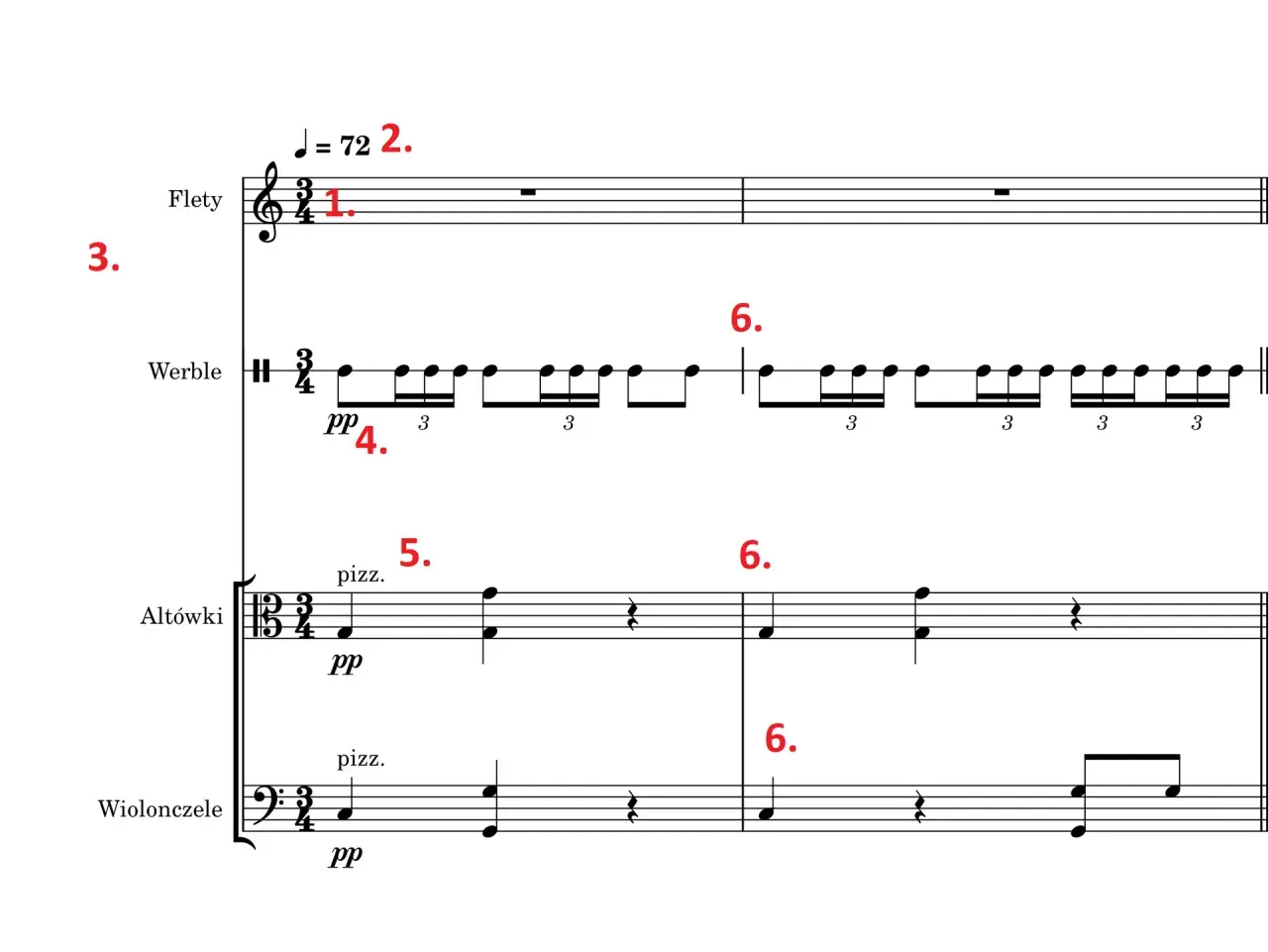 Fragment partytury: flety, werble, altówki i wiolonczele. Tempo 72, dynamika pp. Tło utworu.
