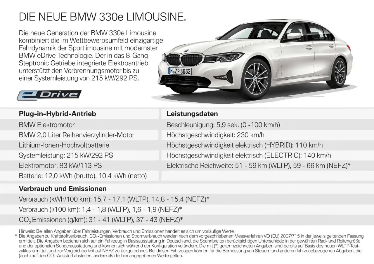 Der BMW 330e Limousine kombiniert Dynamik mit eDrive. Das Gewicht ist nicht direkt angegeben, aber die technischen Daten sind aufgeführt.