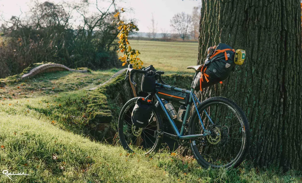 Gepäckträger-Fahrrad lehnt an Baum, bereit für Fahrradreisen Deutschland. Sonnenschein, Herbstlaub und eine kleine Brücke im Hintergrund.