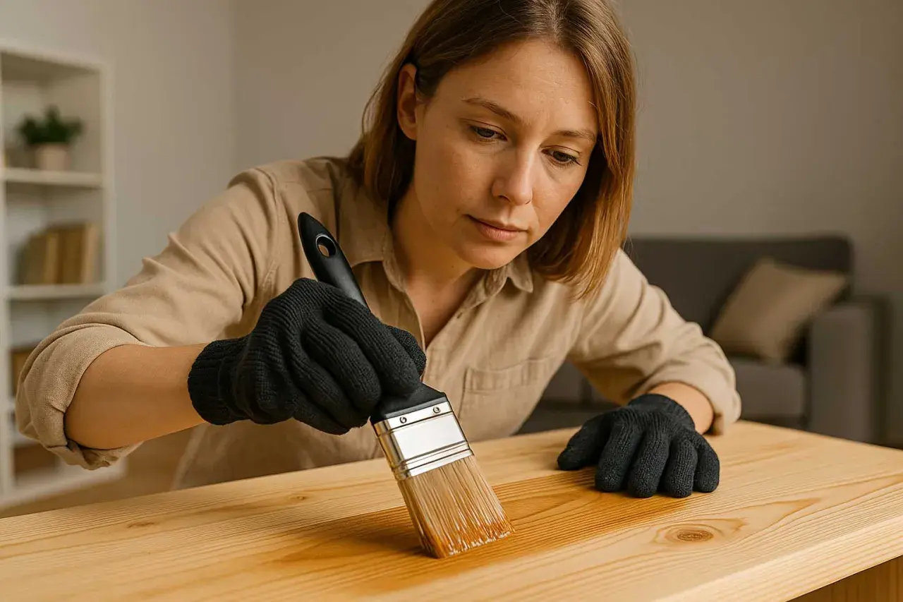 Donna con guanti neri applica vernice trasparente su un tavolo di legno, migliorando la sua quotazione.