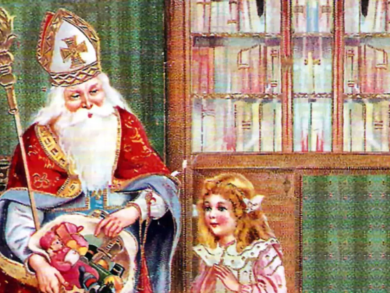 Święty Mikołaj z prezentami w koszu i dziewczynka w różowej sukience.