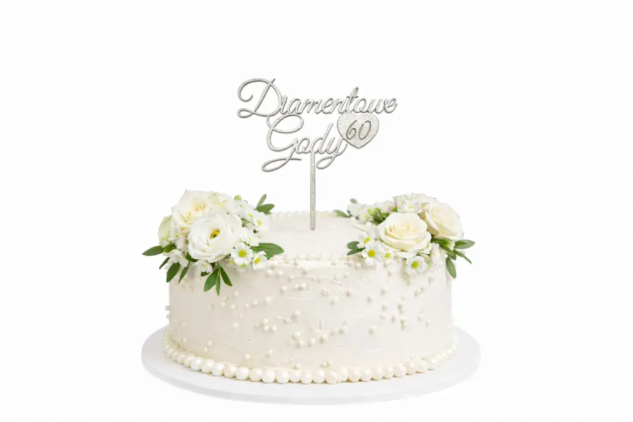 Elegancki tort ozdobiony białymi różami i napisem "Diamentowe Gody 60".
