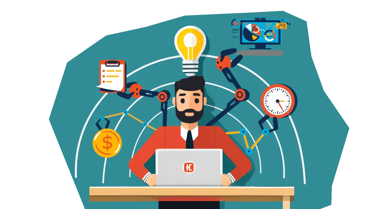 Hombre con laptop rodeado de brazos robóticos que representan ideas, dinero, tiempo y análisis. Un ejemplo de **que es el duty cycle** en la gestión de proyectos.