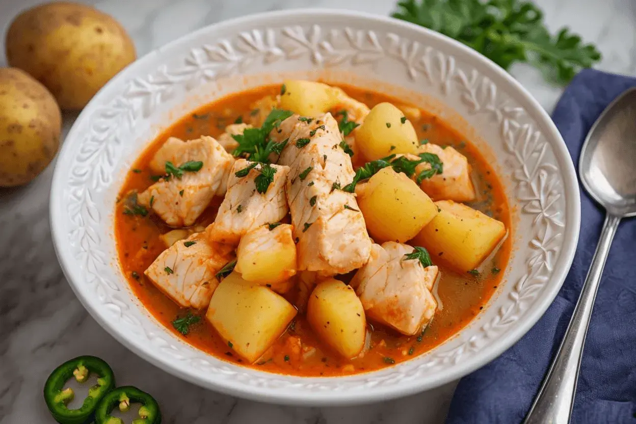 Un reconfortante plato de patatas con bacalao en una salsa rojiza, adornado con perejil fresco.