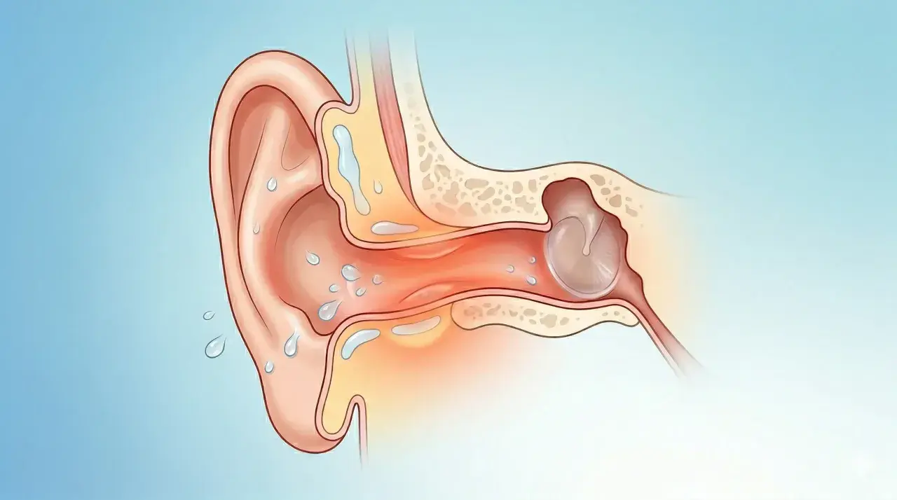 Illustration d'une oreille avec des gouttes d'eau, suggérant une otite du baigneur. Un remède de grand-mère pourrait aider.