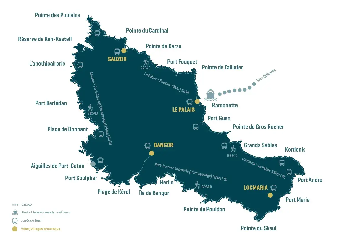 Carte de Belle-Île-en-Mer : découvrez les villages, arrêts de bus, sentiers GR340 et liaisons maritimes pour explorer ce joyau.