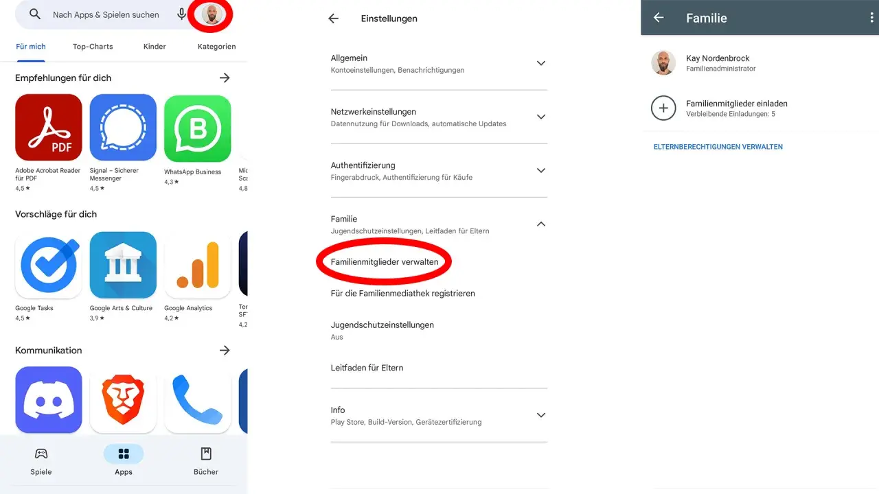 Google Play Store: Einstellungen für Familie und google speicherplatz teilen. Familienmitglieder verwalten und einladen.