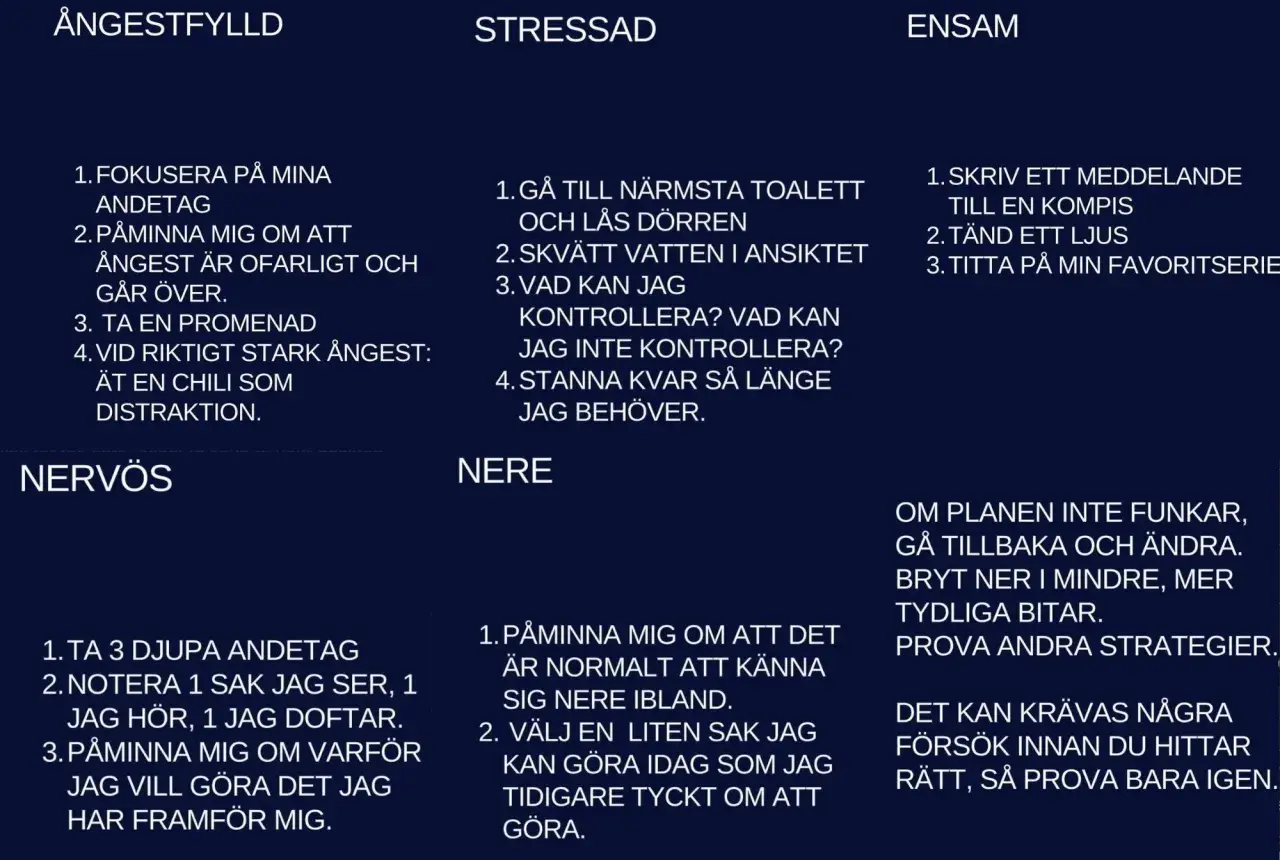 Lista med strategier för att hantera ångest, stress och ensamhet. Kan hjälpa vid emotionell utmattning.