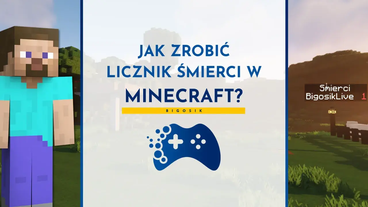 Steve z Minecrafta obok napisu "Jak zrobić licznik śmierci w Minecraft?". Po prawej stronie widać grę z licznikiem śmierci.