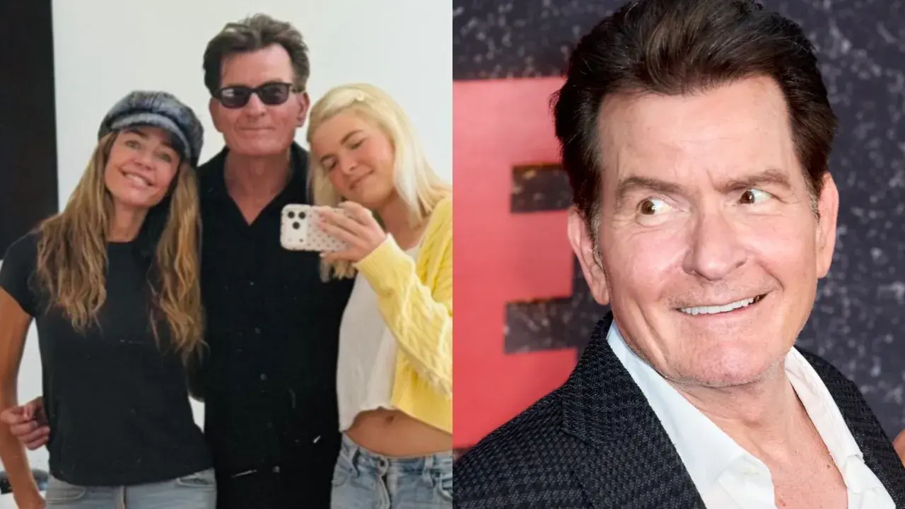 Charlie Sheen z żoną i córką robią selfie. Obok zbliżenie na uśmiechniętego aktora.