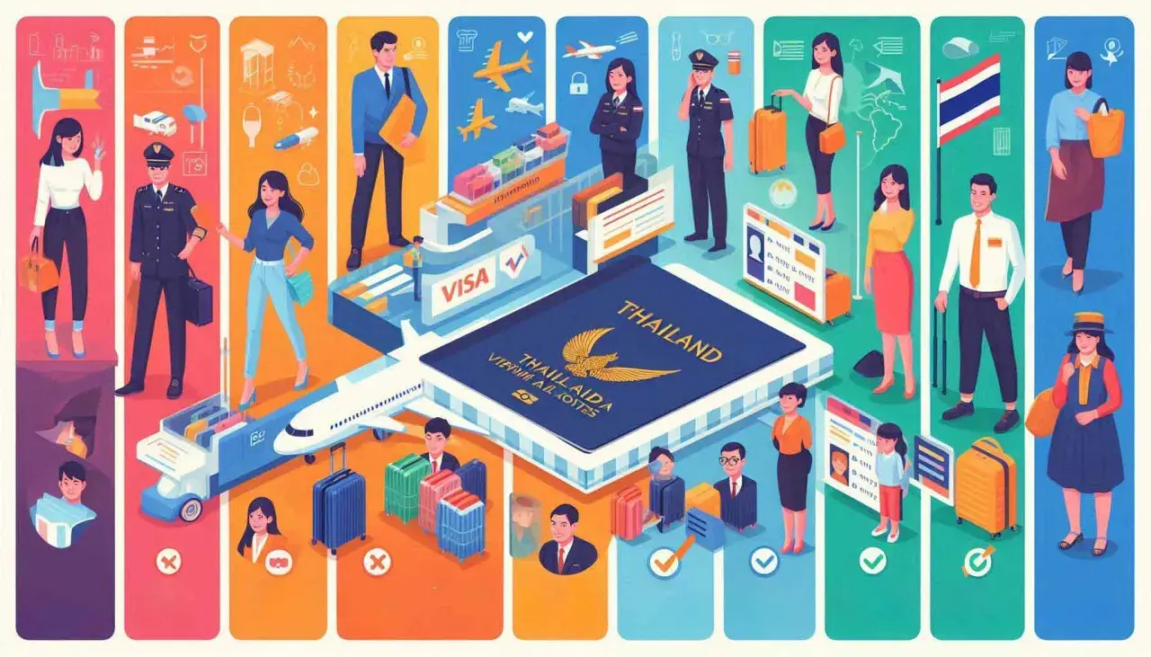 Illustration zeigt Menschen, die für ein Thailand Visum reisen. Ein großes Reisepass-Symbol mit "Thailand" ist zentral.