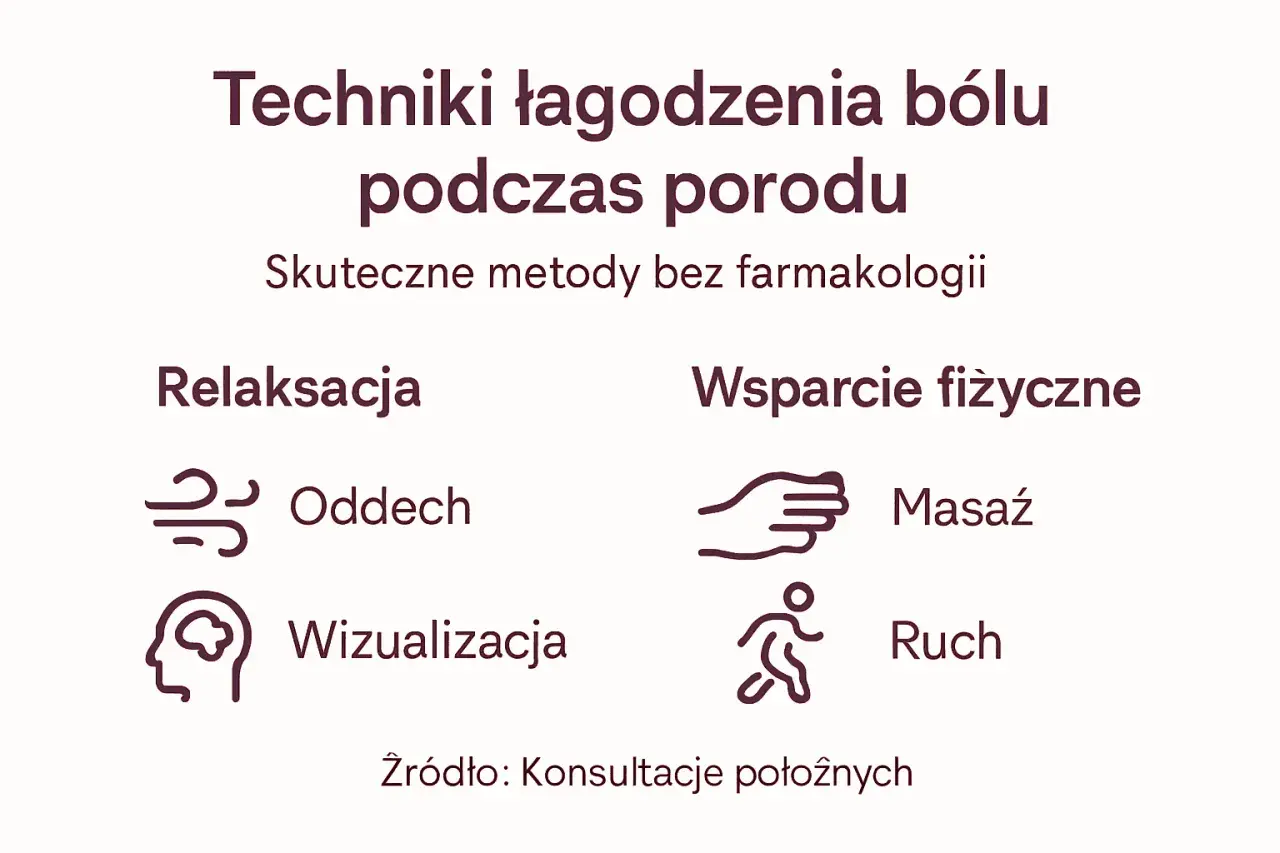 Techniki łagodzenia bólu podczas porodu: relaksacja (oddech, wizualizacja) i wsparcie fizyczne (masaż, ruch).