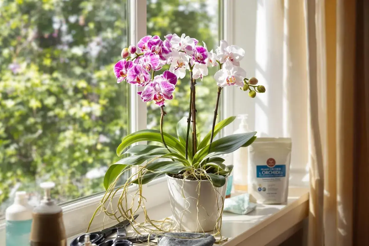Magnifique floraison d'orchidées aux pétales roses et blancs, posées sur un rebord de fenêtre ensoleillé.