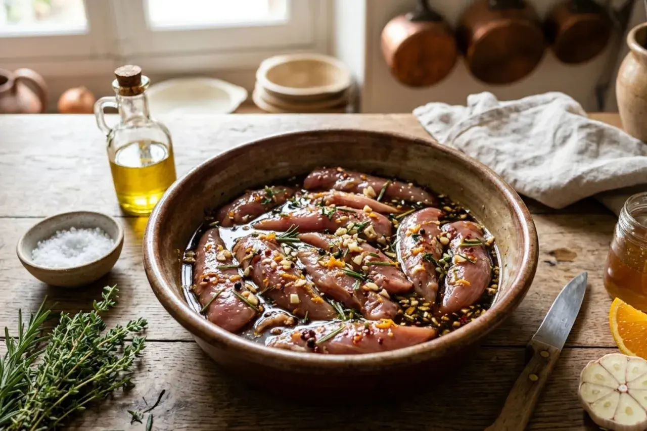 Aiguillettes de canard marinant dans un plat en terre cuite, entourées d'herbes, d'épices, d'huile d'olive et d'une tranche d'orange.