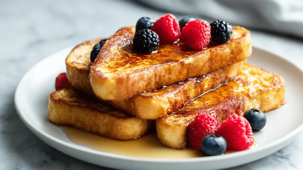 Goldbraune French Toast-Scheiben, gestapelt und mit Beeren und Sirup garniert. Ein köstliches "Rostige Ritter Rezept" für den Morgen.