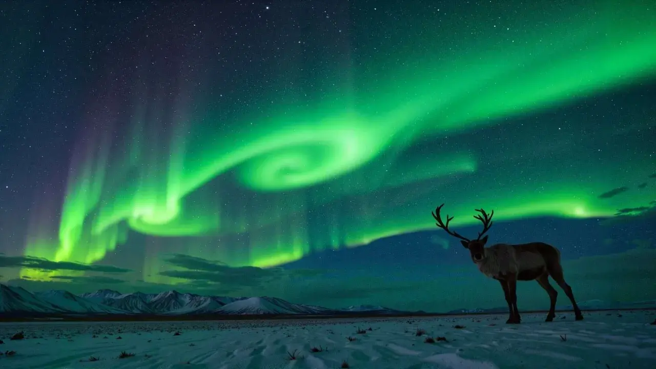 Ein Rentier steht in einer verschneiten Landschaft und blickt auf die tanzenden Polarlichter am sternenklaren Himmel. Ein magischer Moment, um Polarlichter zu sehen.
