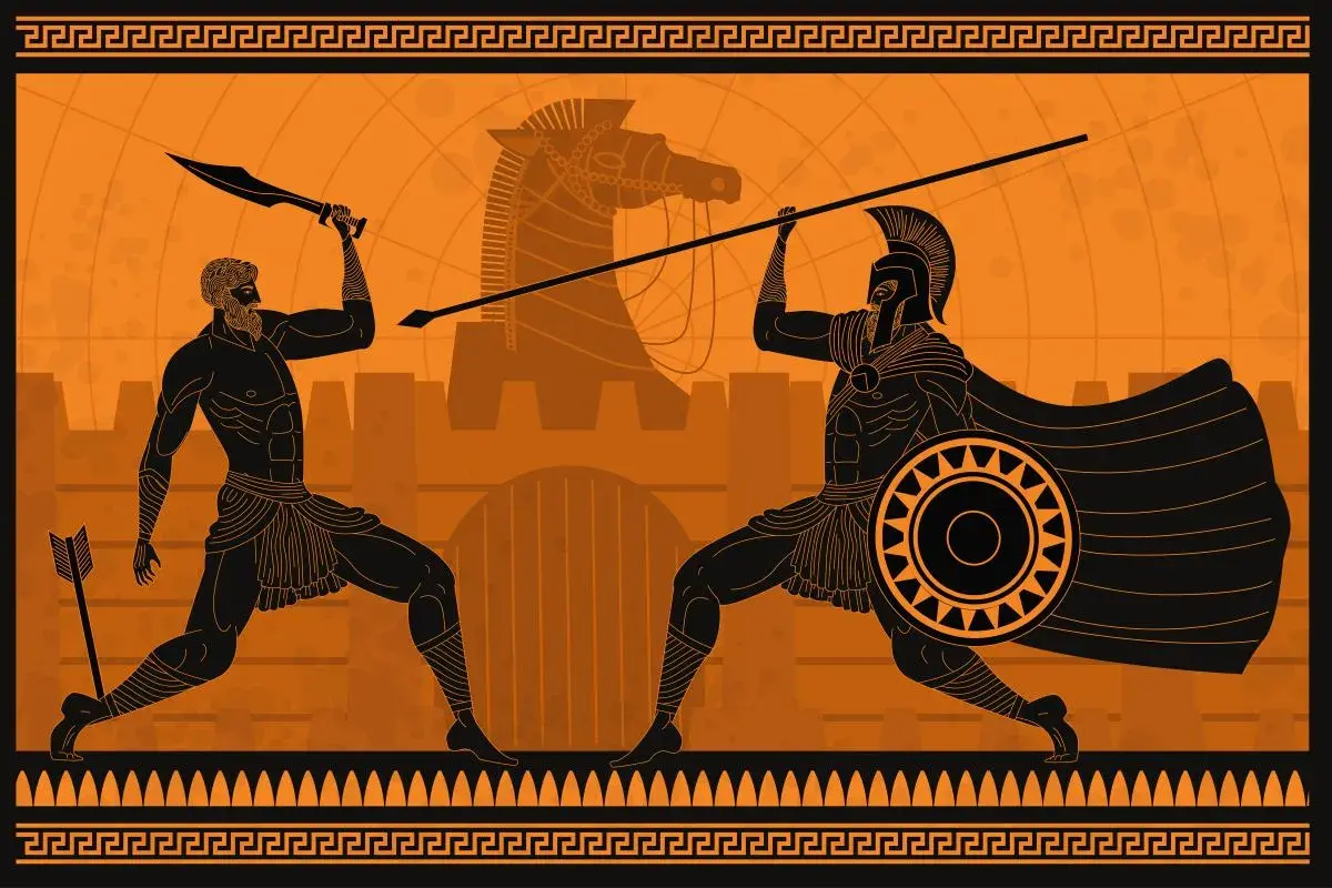 Due guerrieri in stile antico si affrontano. Uno con spada, l'altro con lancia. Forse uno di loro era Achille, l'eroe invincibile.