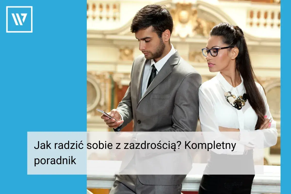 Para biznesowa, która uczy, jak radzić sobie z zazdrością. On patrzy na telefon, ona zamyślona.