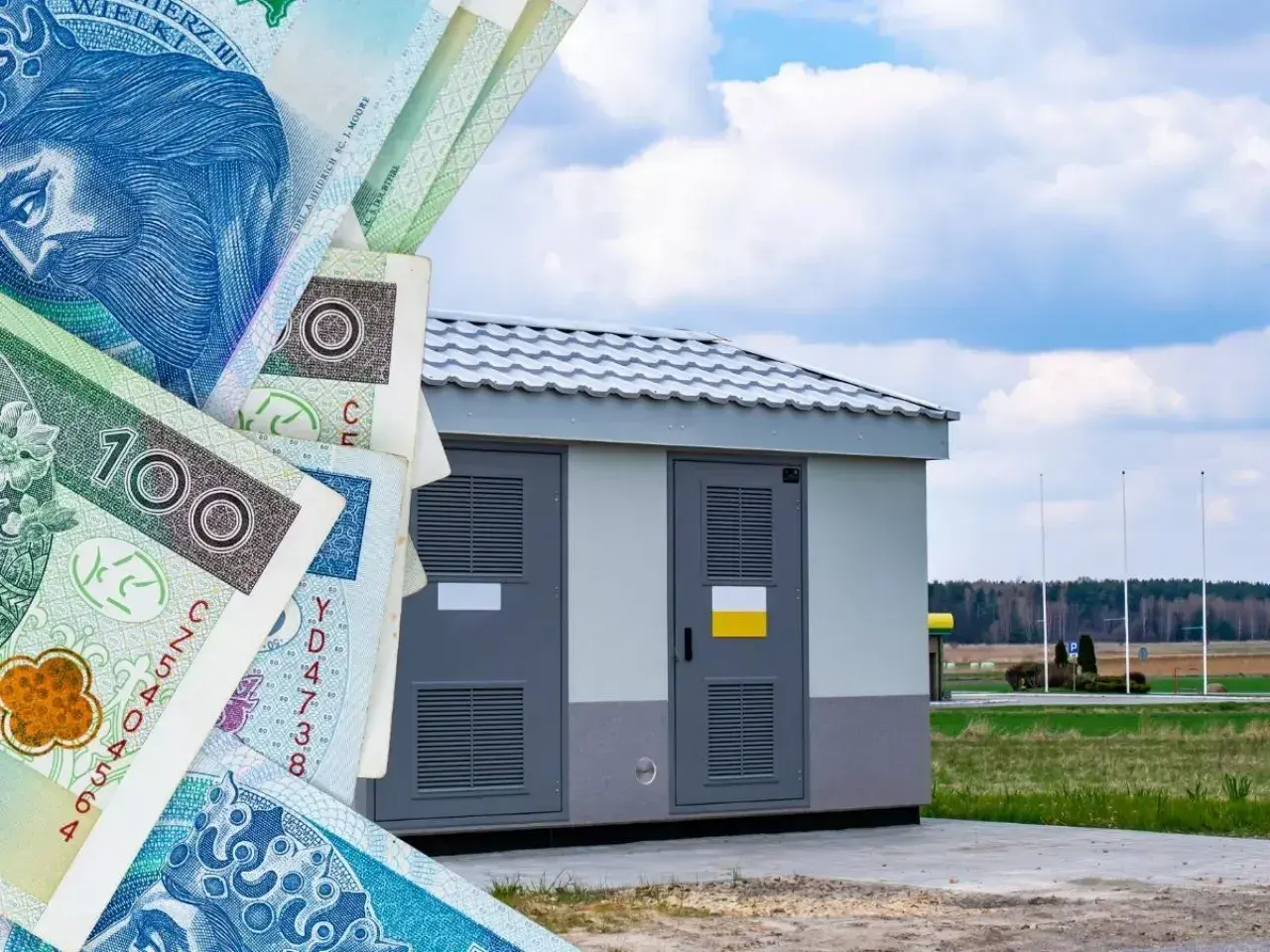 Polskie banknoty symbolizują wywłaszczenie, gdy mała budowla staje na drodze inwestycji.
