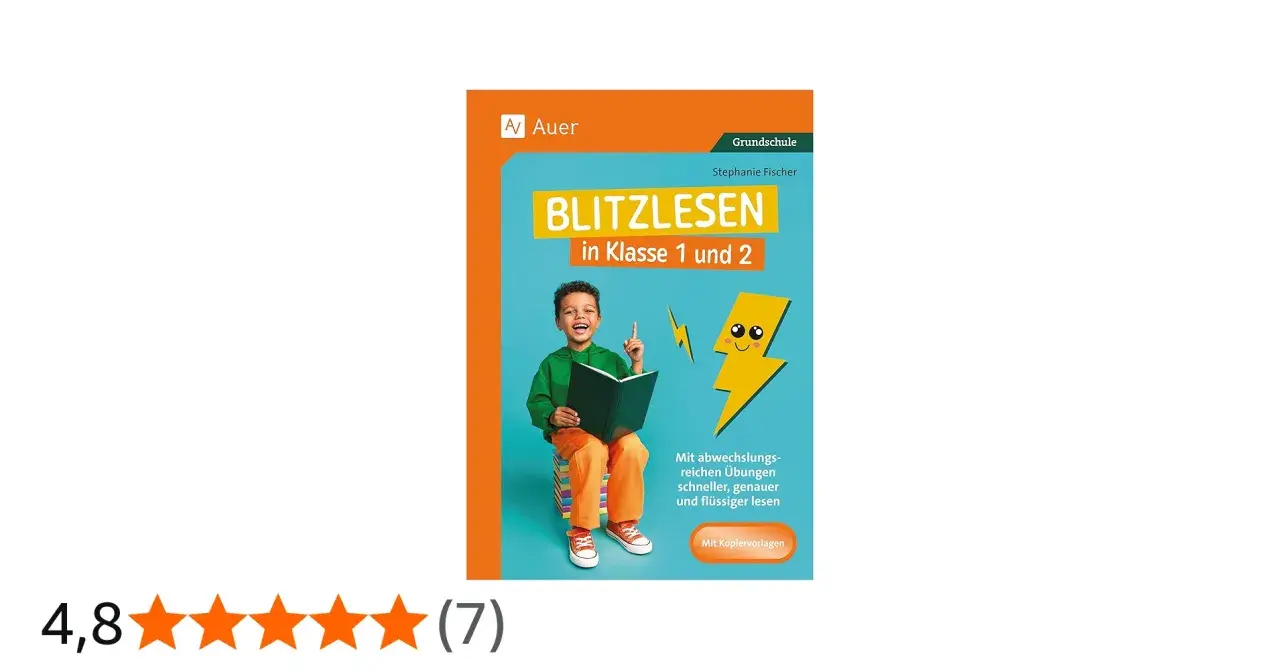 Ein fröhlicher Junge liest ein Buch. Das Buch heißt "Blitzlesen in Klasse 1 und 2" und verspricht, das Lesen schneller und flüssiger zu machen.