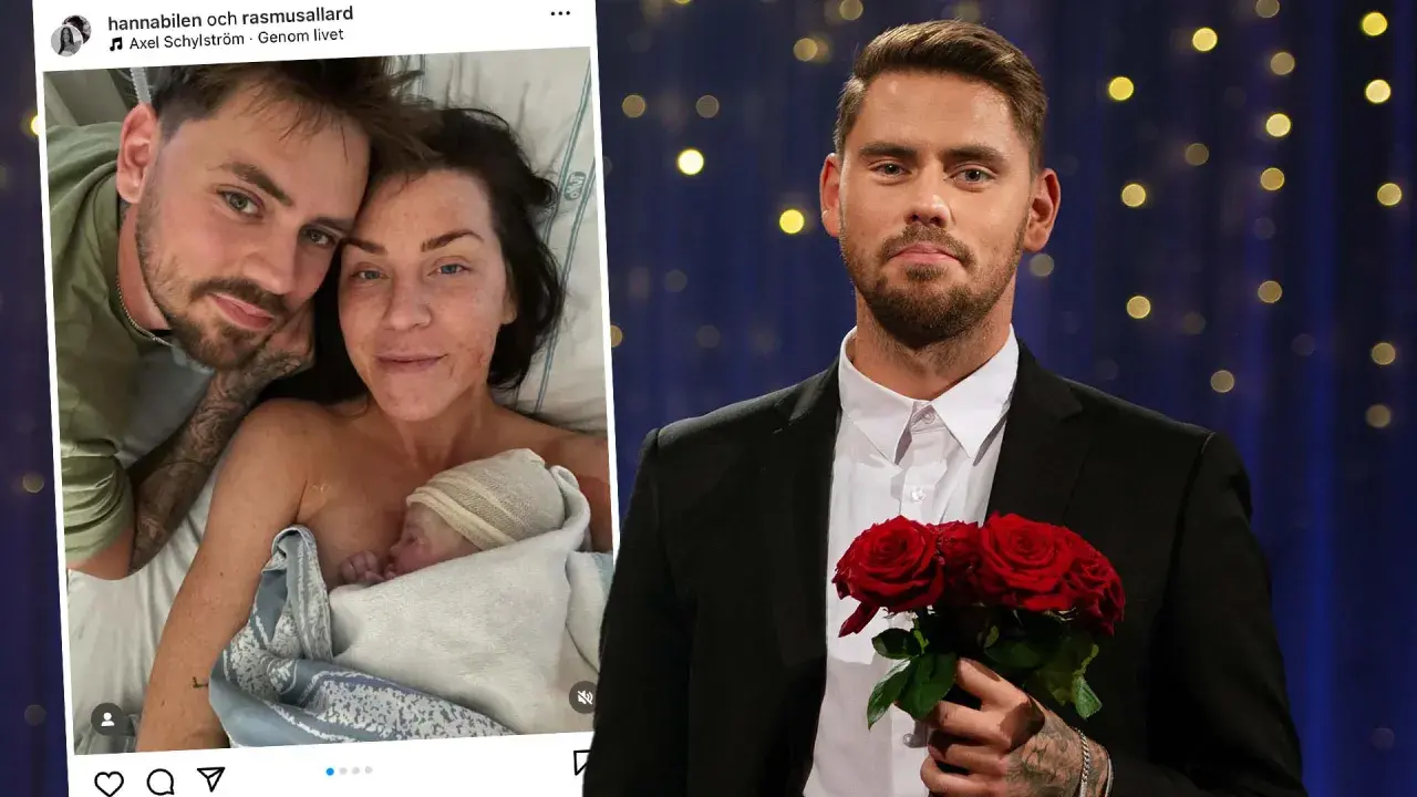 Rasmus Allards nya liv som pappa. Till vänster en bild på honom med nyfödda barnet och partnern. Till höger en bild på Rasmus som bachelor med rosor.