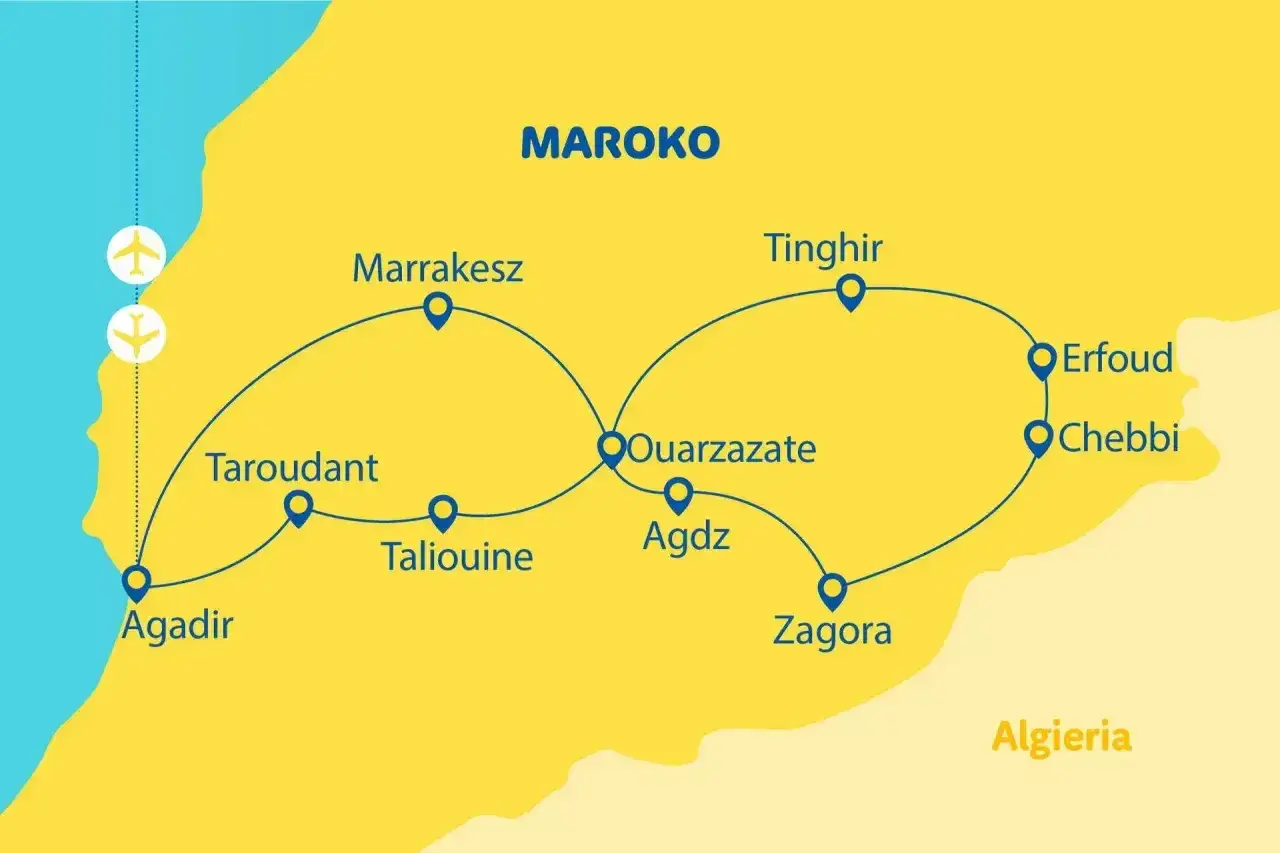 Mapa Maroka z trasą turystyczną: Agadir, Taroudant, Marrakesz, Ouarzazate, Agdz, Zagora, Tinghir, Erfoud, Chebbi. Dwa samoloty sugerują, ile się leci do Maroko.