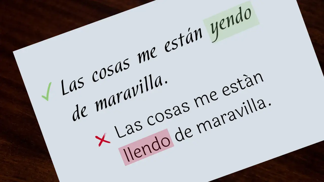 Corrección de texto: "Las cosas me están yendo de maravilla" es correcto. "Llendo" es un error común.