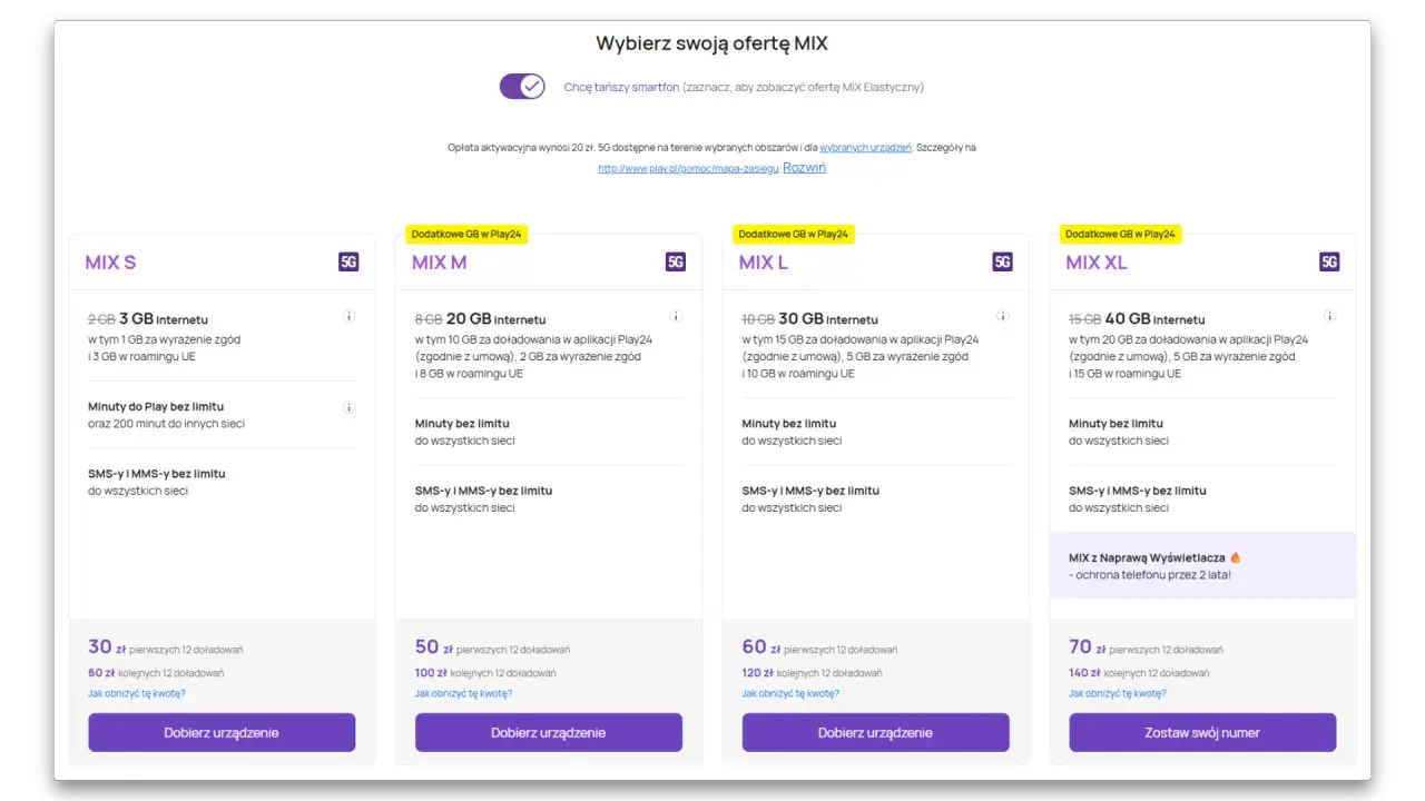 Oferty MIX S, M, L, XL z pakietem solo m play. Wybierz swój plan internetowy i minuty.