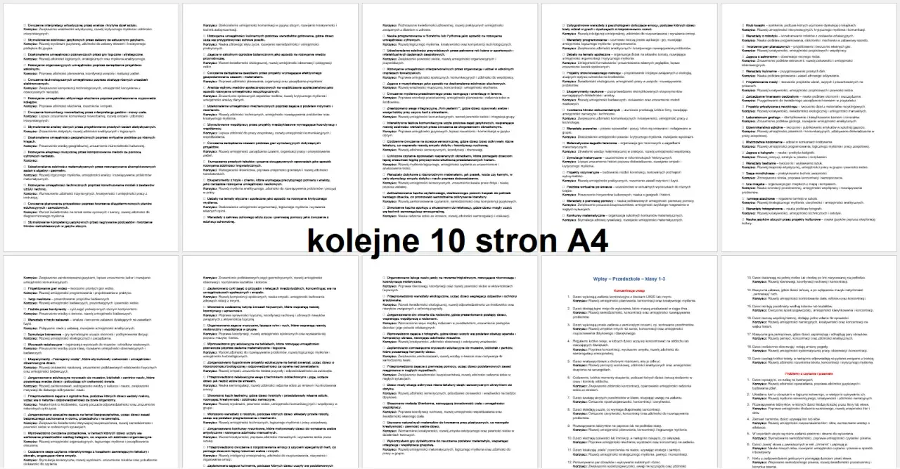 Przykłady pisania dziennika, listy zadań i celów edukacyjnych na kolejnych stronach A4.