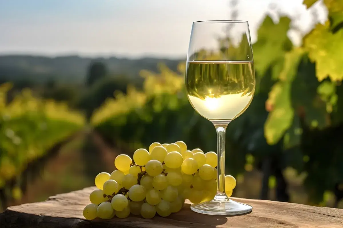 Un bicchiere di vino bianco, forse un Pecorino, accanto a un grappolo d'uva su un tavolo di legno, con un vigneto sullo sfondo.